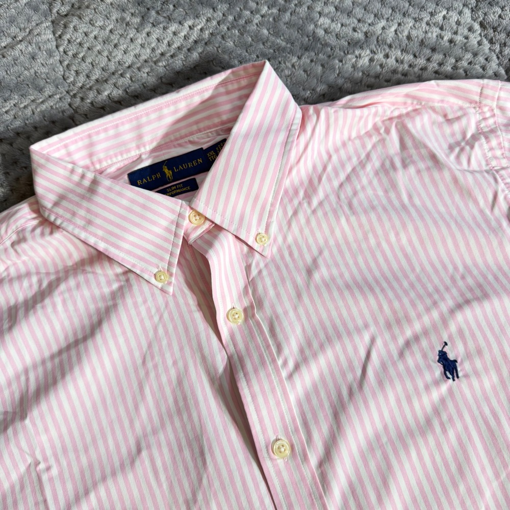 Ralph Lauren Performance Shirt Mens XXL Pink White Stripe Slim Fit Button Down